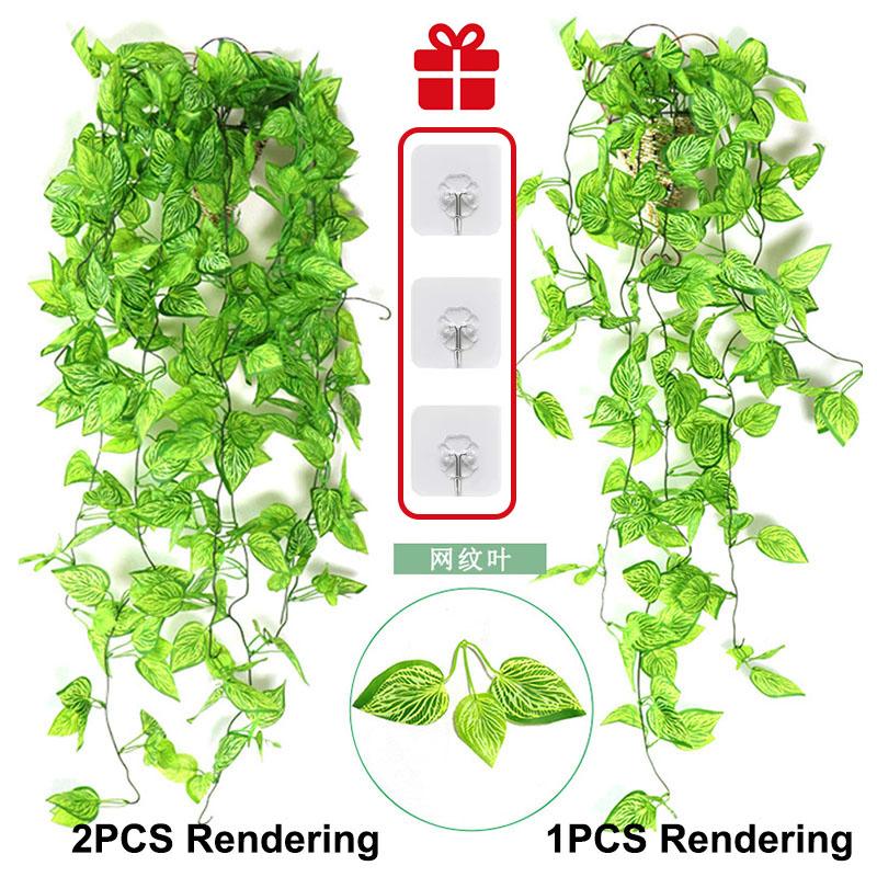 Artificial Plant Fake Fern Leaves Pothos and Hook for DIY Christmas Garland Wedding Party Home Wall Hanging Vine Room Decoration 1pcs 3hooks