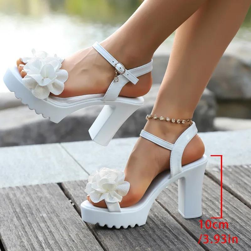 2025 Letnie Sandały na Wysokim Obcasie Damskie Gladiator Odkryte Palce Seksowne Peep Toe Grube Obcasy Buty na Platformie Modne Kwiatowe Damskie Sandały