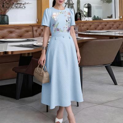 Women Casual Round Neck Summer Short Sleeve Floral Print Dress