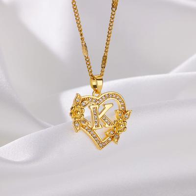 Zircon Stainless Steel Heart Flower Letter Necklaces For Women Gold Color  A-Z Letter Heart Necklace Wedding Jewelry Gift