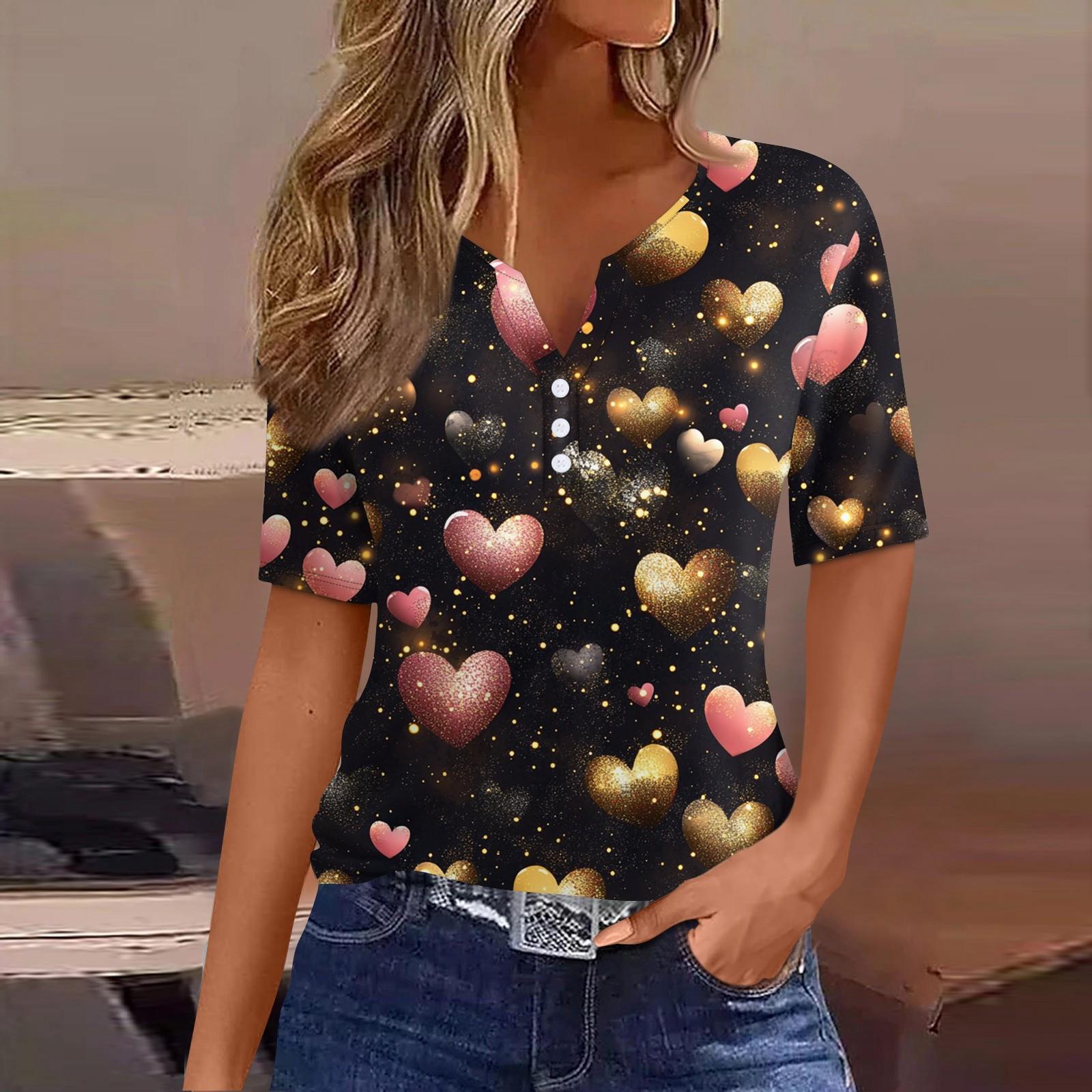 

Женская футболка с принтом ко Дню святого Валентина на пуговицах с коротким рукавом, туника, повседневная мода на выходные, базовый топ с V-образным вырезом L чёрный