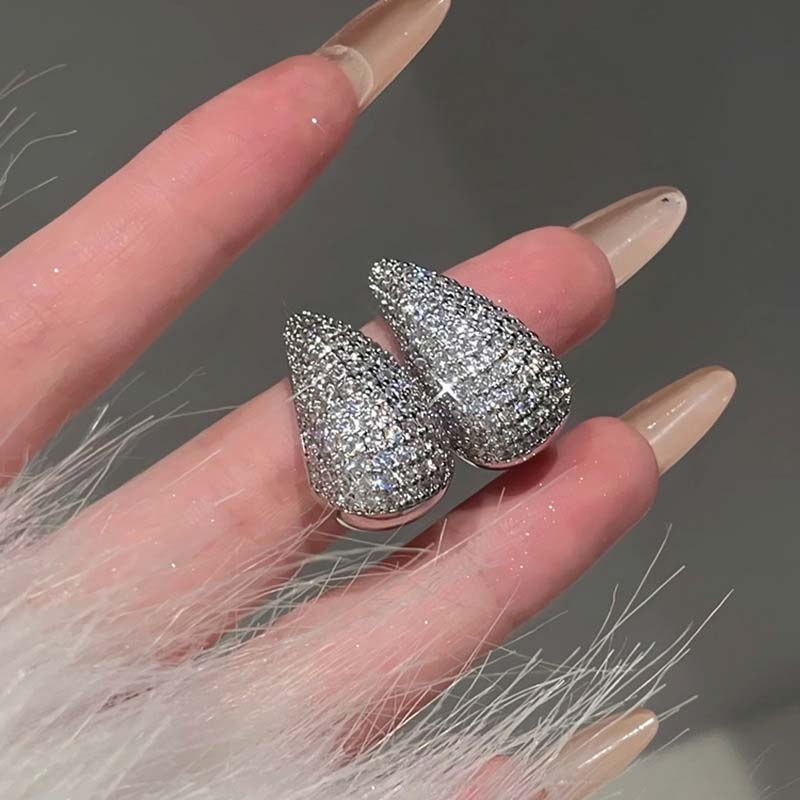 Korean Gold Zircon Water Drop Stud Earrings for Women Exquisite Elegant Thick Hollow Teardrop Earrings Wedding Jewelry