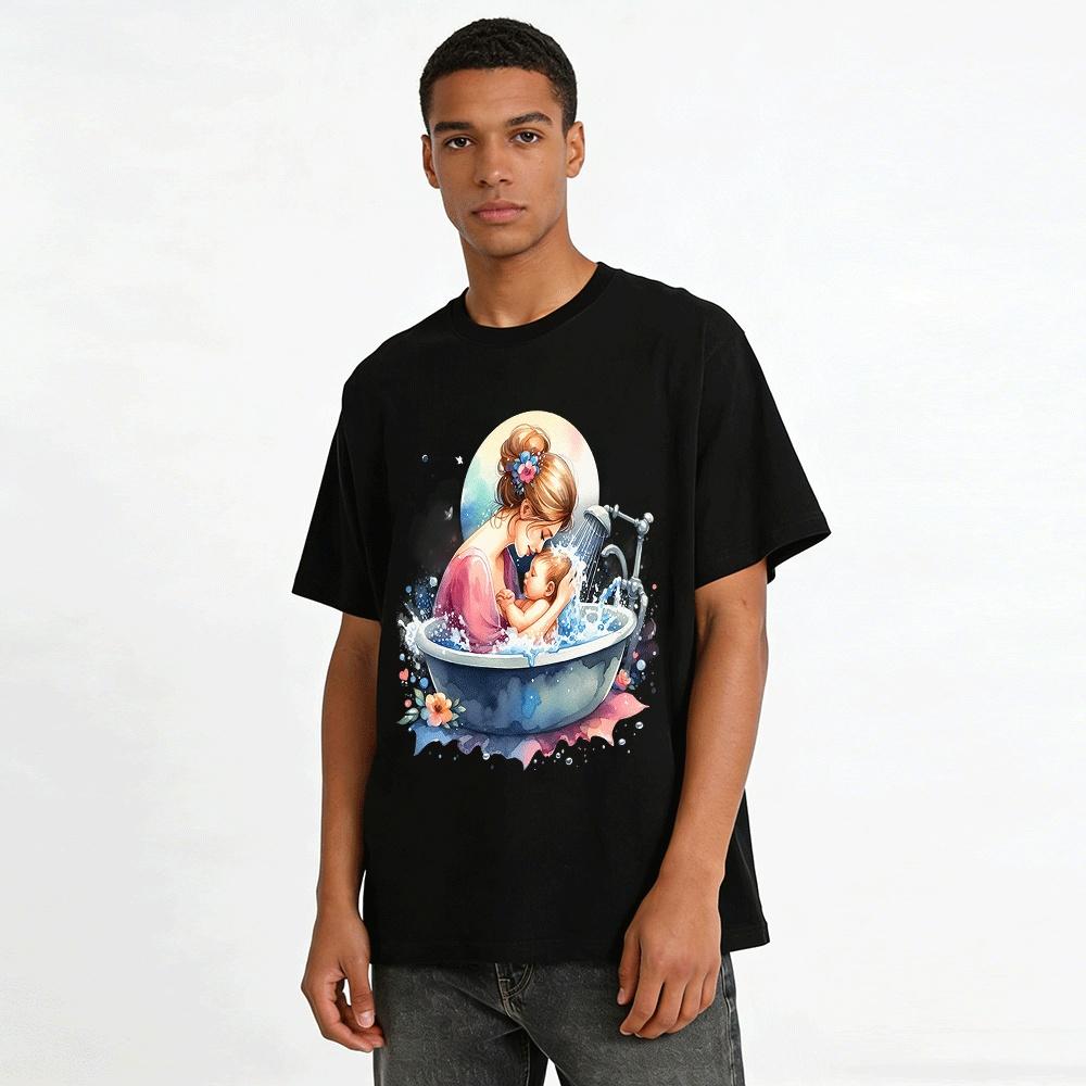 Hand-painted Parent-child Bath Print Casual Adult Top Pure Cotton T-shirt