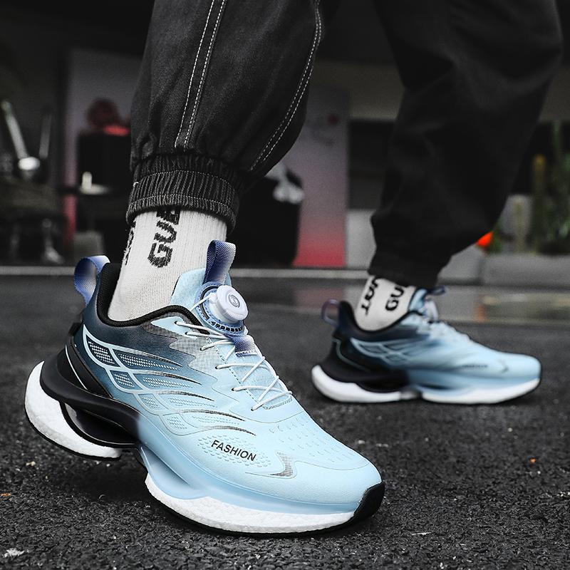 New high quality leisure non-slip sports shoes men's rotary buckle real popcorn soft sole springback cushioned running shoes