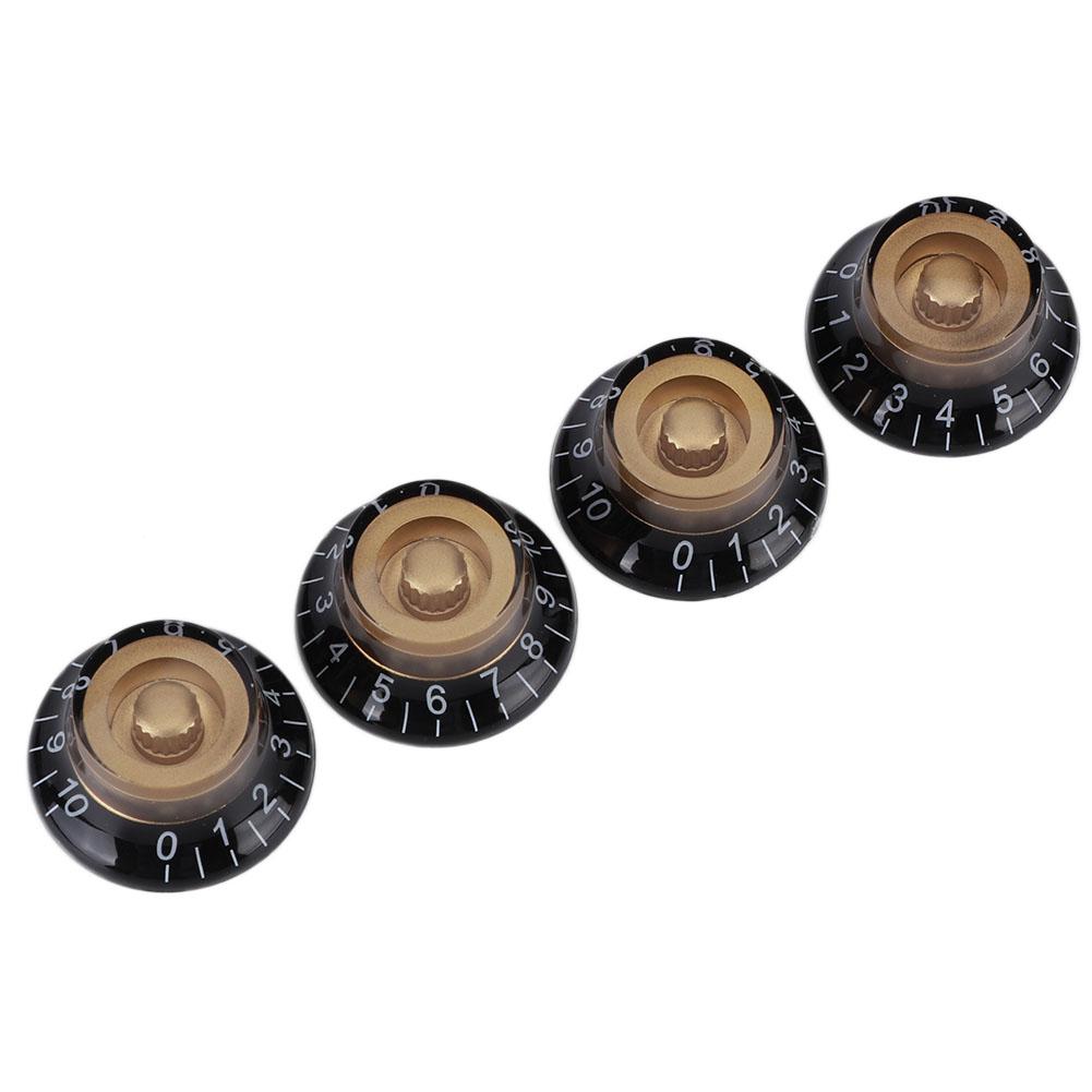 4 Stück Tonreglerknopf Transparent Glocke Lautstärke Musikinstrument Zubehör für Gitarre Bass Gold mit schwarzer Beschriftung