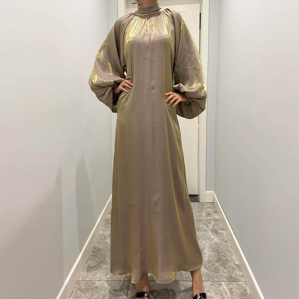Damenkleidung, einfarbig, große Laternenärmel, helle Seide, lange Ärmel, Stehkragen, Rückenbindung, muslimisches Kleid, 6 Farben