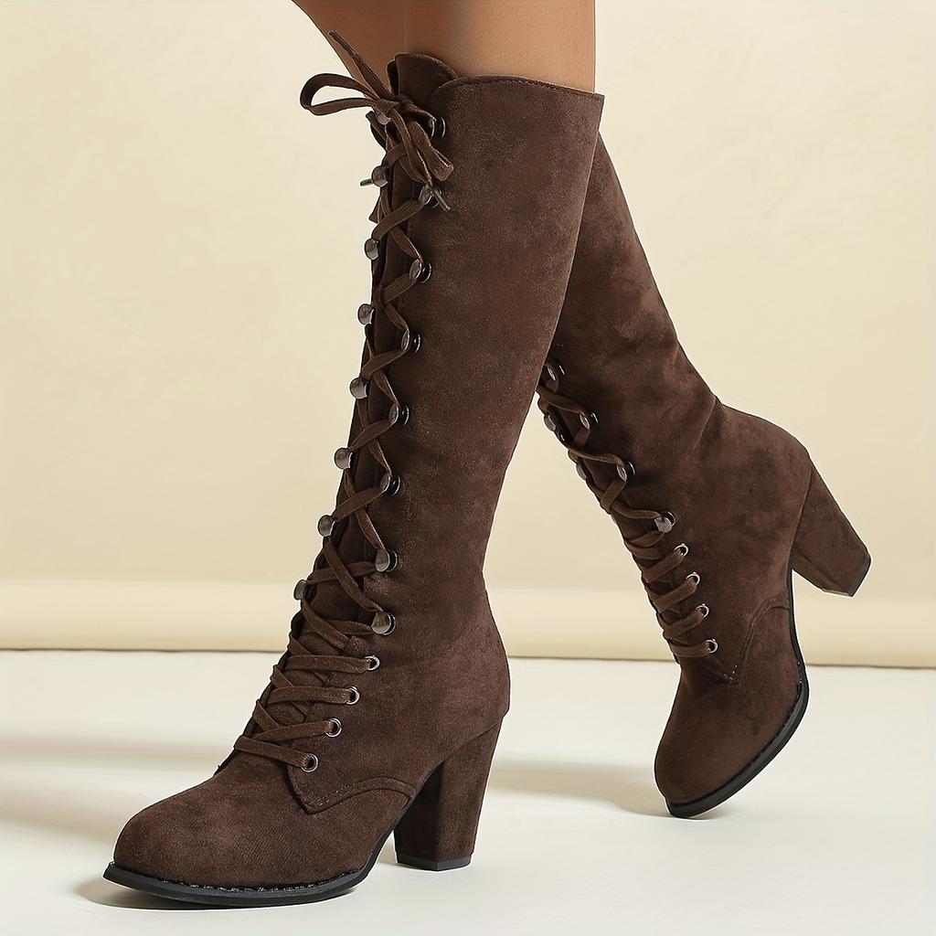 Damen Kniehohe Stiefel - Schnürstiefel mit Rundem Zehenpartie, Lässige Stiefel mit Blockabsatz, Wildleder Obermaterial & Robuste Gummisohle, Bequeme Winterstiefel