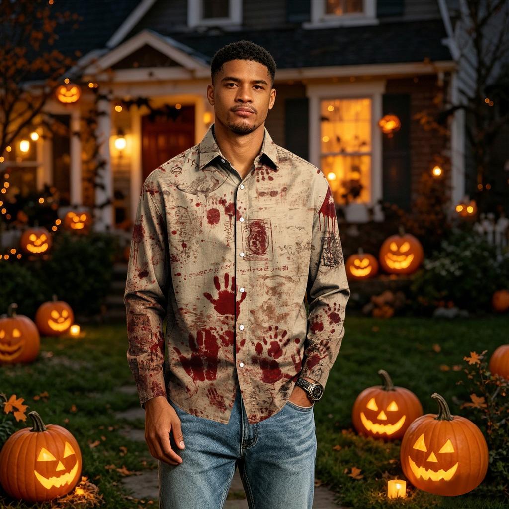 Men's Long Sleeve Halloween Printed Button Down Shirt