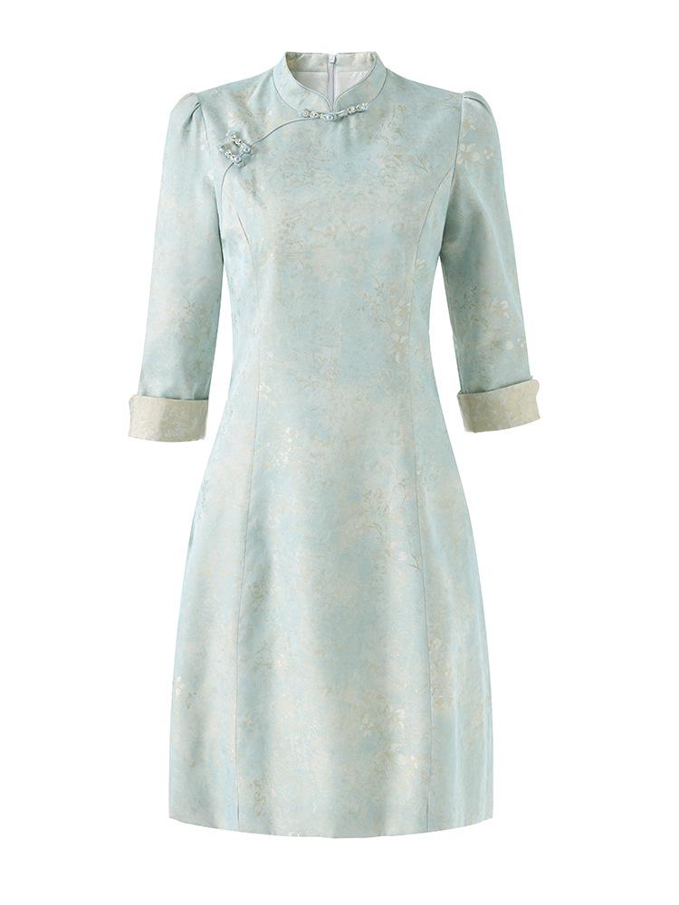 Nanyou Spring New Chinese Style Jacquard Satin Crepe Qipao Dress for Women