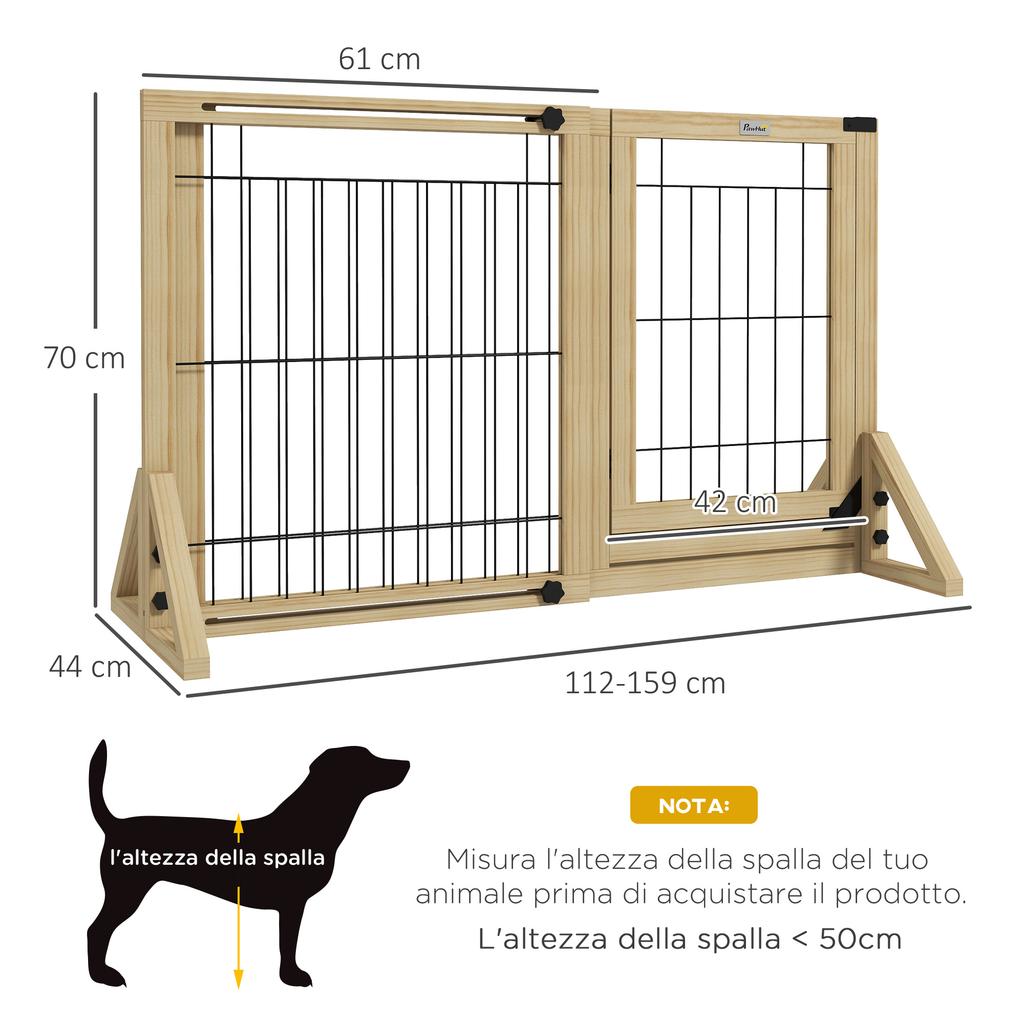 Extendable Dog Gate with Door and 2 Panels, Triangular Feet, 112-159x70 Cm, Natural Wood
