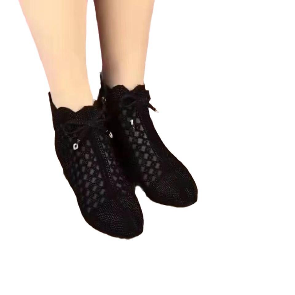 Spring and summer new women's shoes net boots thick heel cool boots rhinestone bow breathable zipper rhinestone fashion single sandals