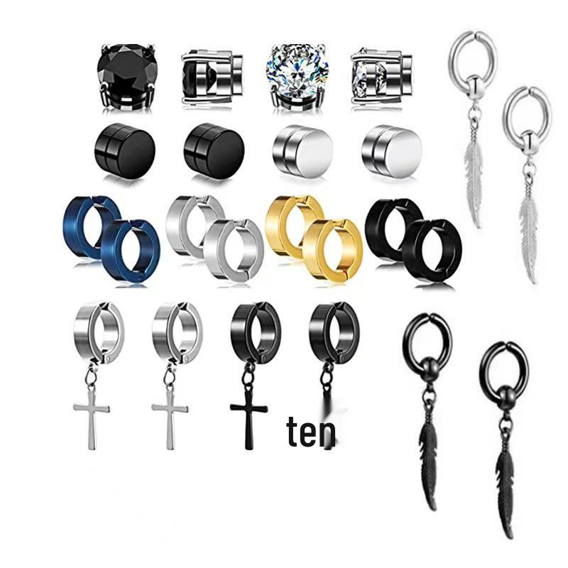 Unisex Titanium Steel Cross Zirconium Magnetic Ear Clip Earrings Set