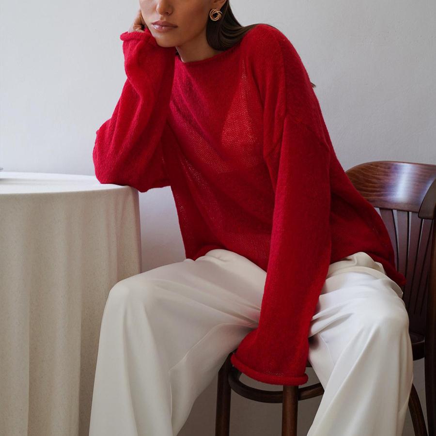 Suéteres de crochet suaves de gran tamaño para mujer, suéter de punto sexy de moda con cuello redondo y manga larga, suéter holgado para cubrirse, blusas de punto para mujer