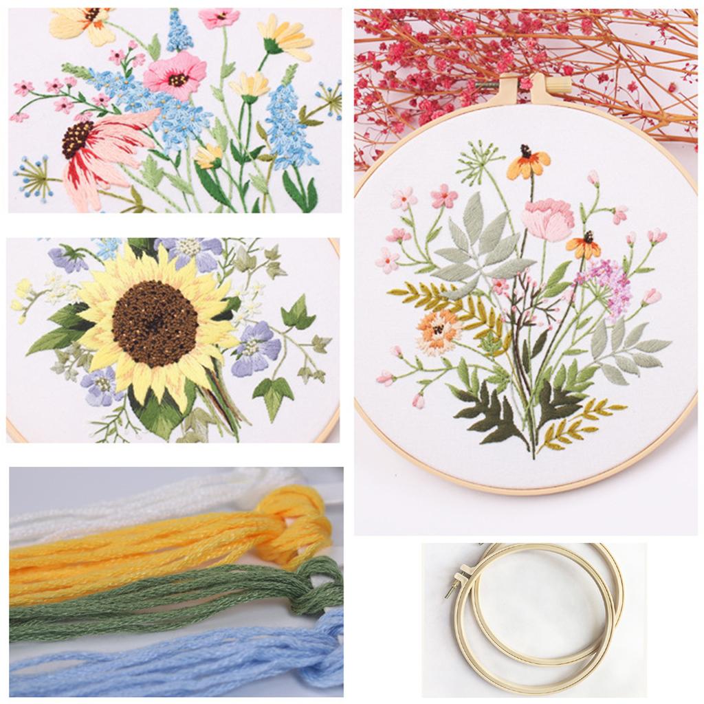Embroidery Starter Kits with Pattern and Instructions Cross Stitches Set Flower Plant Stamped Embroidery Hoop Needlework