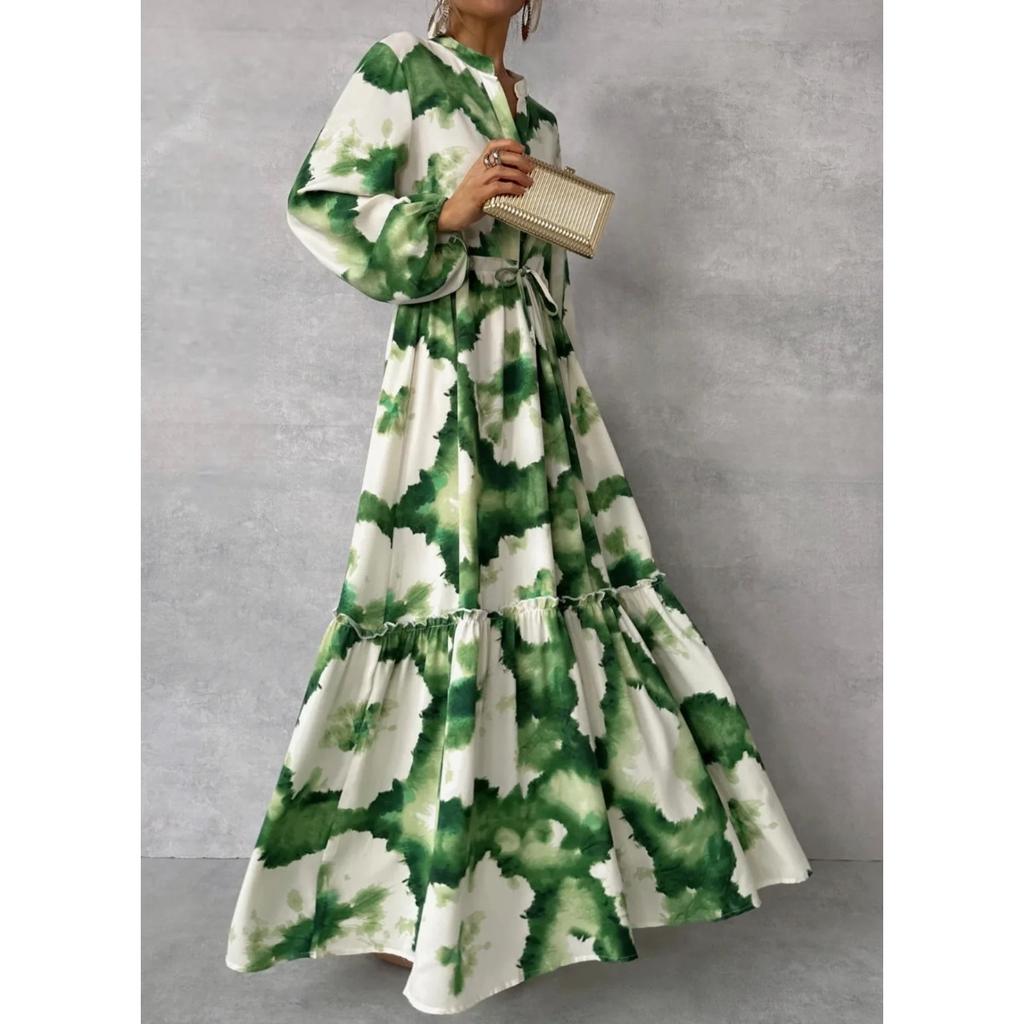 LYRIA Summer Elegant Women Maxi Dresses Fashion Green Print Long Sleeve V Neck Waist Adjustment Long Dress Female Party Vestido