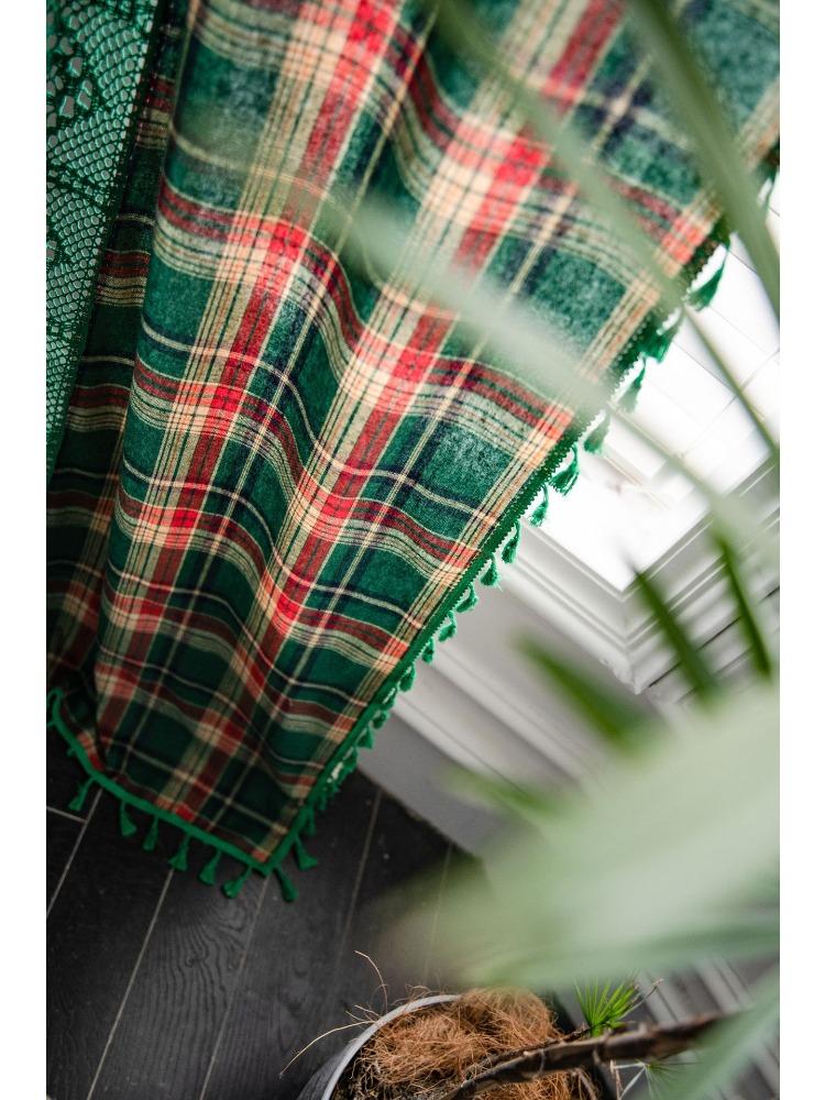 Green Lattice Splicing Dyed American Curtains Bay Window Curtains Semi-blackout for Living Room Bedroom Bay Window Dining Room or Kitchen Bar