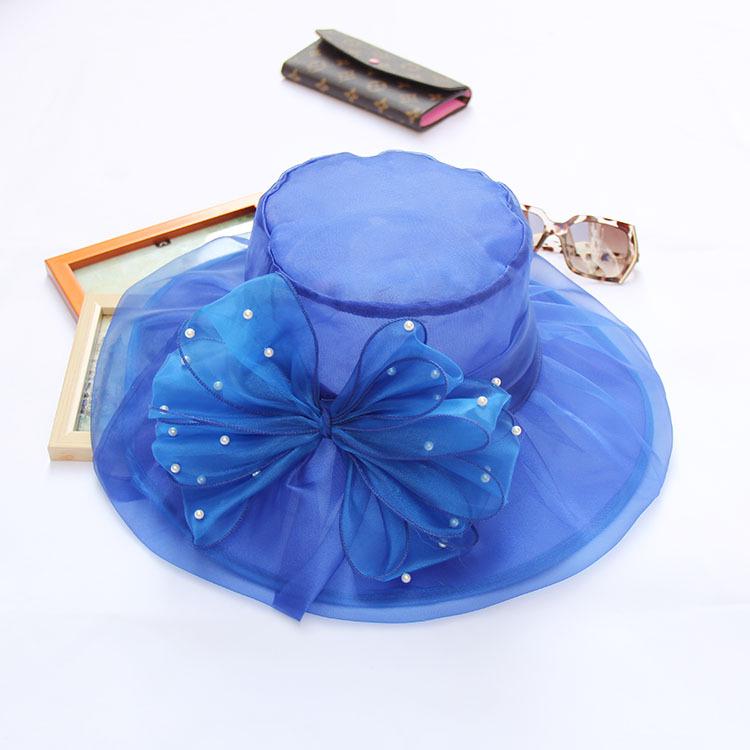 New Retro Wedding Hat Pearl Mesh Flower Top Hat Double Organza Sunshade Big Eaves Hat Sun Hat Women