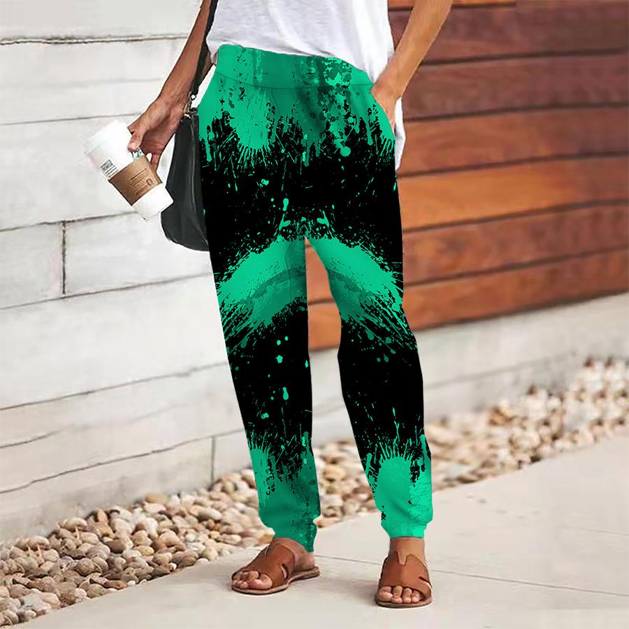 Women Multicolored Printing Pants Lace Up Elastic Waist Loose  Trousers Casual Long Pants Trousers with Pockets