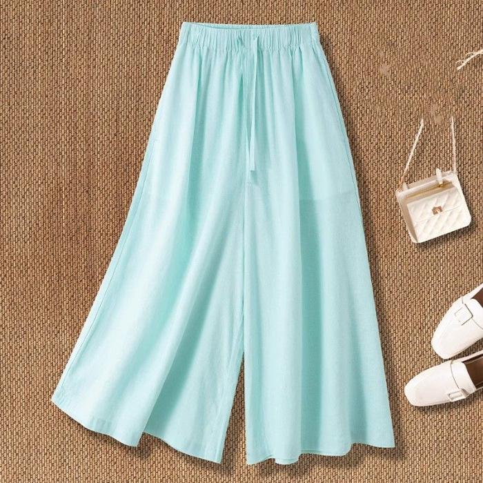 2025 Women s Cotton Linen Wide-Leg Seven-Point Pants - Summer Casual Plus Size Skirt Trousers L