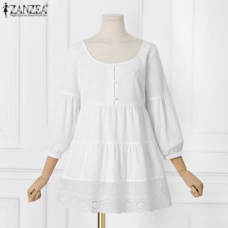 

ZANZEA Женщины Блузка Летняя Повседневная 3/4 Рукав Крючком Сращивание Хлопок Футболка