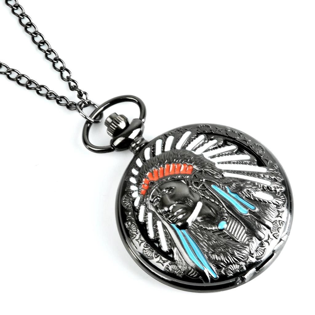 Duży Retro Nostalgiczny Kwarcowy Zegarek Kieszonkowy Naszyjnik ze Wzorem Indyjskim - Model 1005