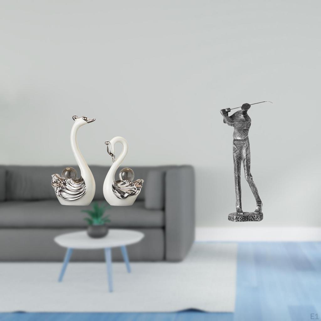 Porcelain Swan And Golfer Figurine Collection Elegant Animal Sports Sculpture Ornament for