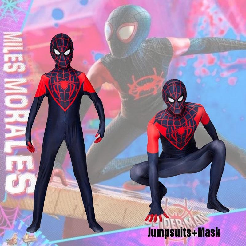 Spider-Man Miles Morales Cosplay-Kostüm für Erwachsene und Kinder, bestehend aus Overall und Kapuze aus Polyesterfaser