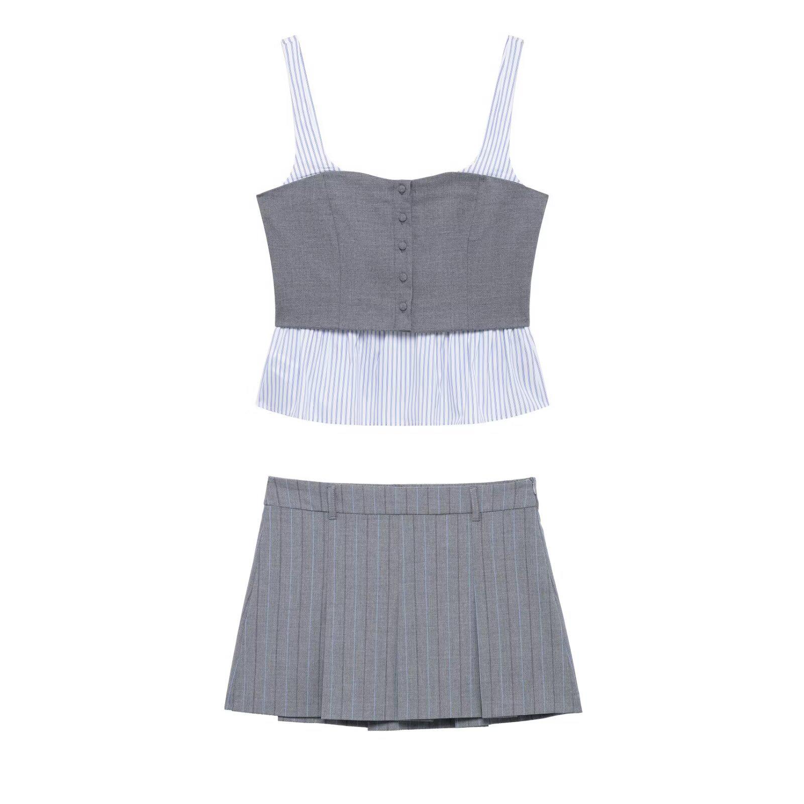 

2025 Summer Women s Stripe Patchwork Poplin Camisole and Pleated Midi Skirt Set L