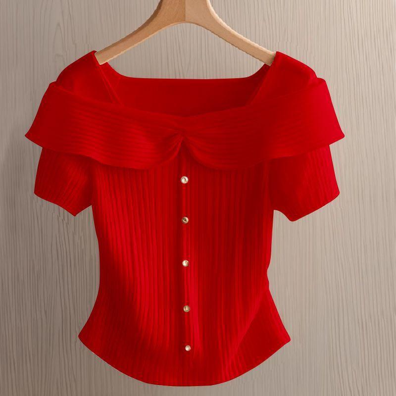 

Женская летняя рубашка с коротким рукавом - Элегантный дизайн на пуговицах в ближневосточном стиле, Легкая и дышащая ткань, Однотонная рубашка, машинная стирка 3XL красный