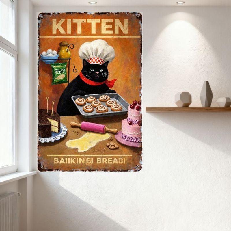 Vintage Kitten Chef Baking Tin Sign, Black Cat with Chef Hat Holding Pastries, Retro Baking Theme Metal Wall Decor for Home Cafe