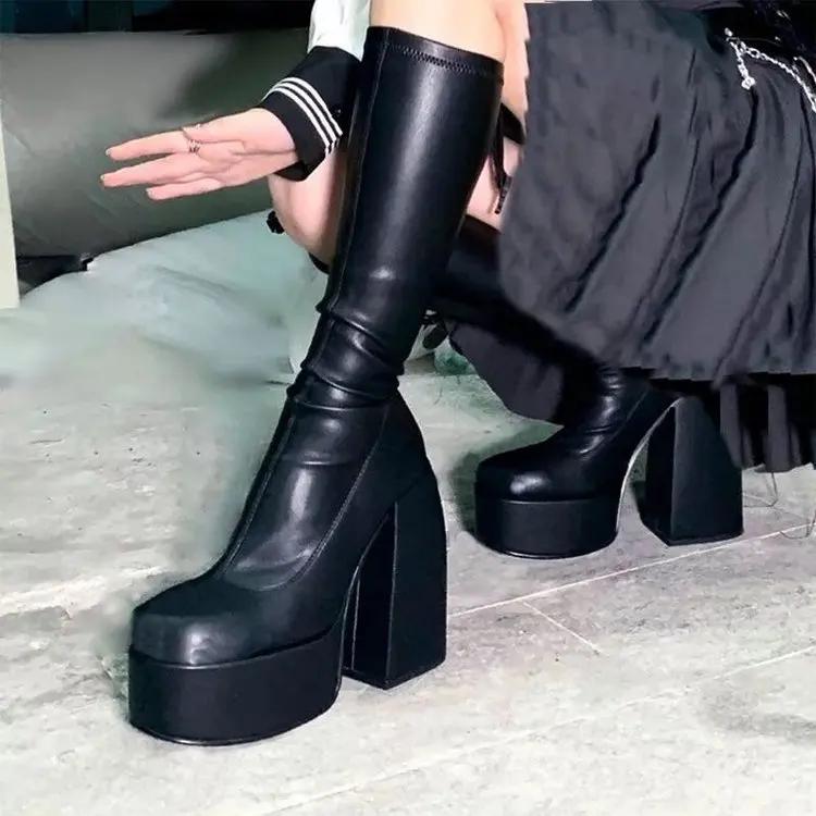 Scarpe con tacco a piattaforma da donna, elasticizzate, alla caviglia, di design, alte fino al ginocchio, da donna, alla coscia, nere, gotiche, 88 stivali da cowboy, scarpe