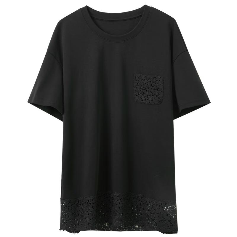 Sancai 2026 Summer Lace Trim Round Neck Short Sleeve T-Shirt L