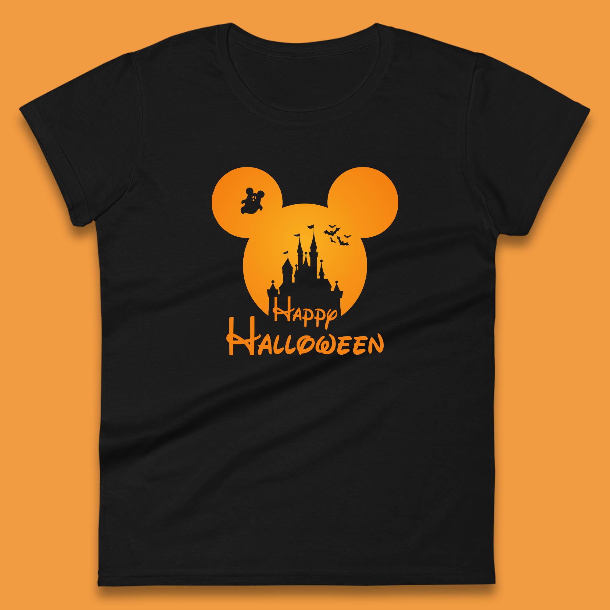 

Happy Halloween Mickey Mouse Disney Castle Halloween Scary Boo Flying Bats Womens Tee T Shirt Mens Tops Unisex Top L