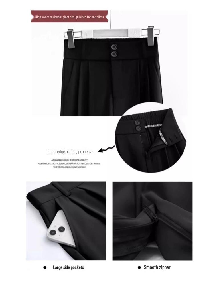 Damskie spodnie garniturowe z wysokiej półki, czarne, lejące się, z szerokimi nogawkami o prostym kroju - wyszczuplające, o swobodnym kroju na wiosnę/lato, idealne dla sylwetki w kształcie gruszki.