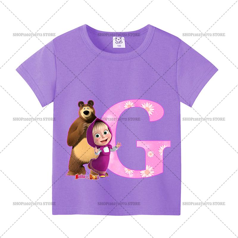Mashas and The Bear Summer T-shirt Girl Children Tops Cute Cartoon Letters A-Z Print Clothing Short Sleeve Kids Casual Clothes