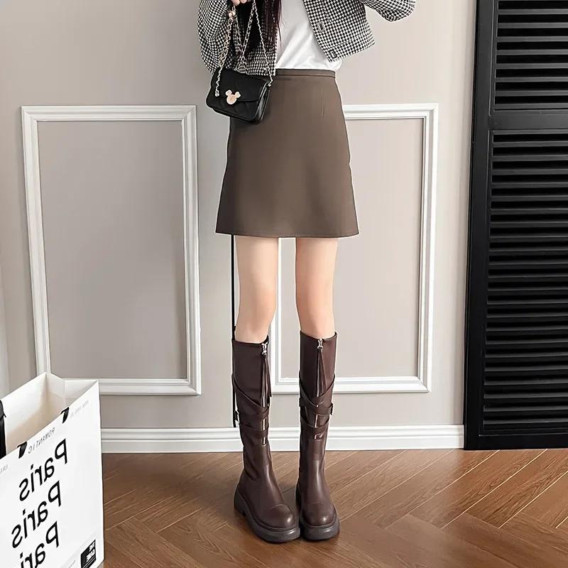 Maillard Women's Boots  Autumn Winter New Thick Soled Round Toe Mid Top Boots Retro Long Motorcycle Short Boots Botas Mujer