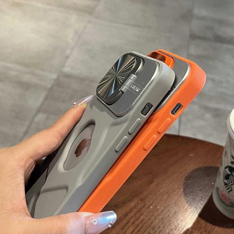 Luksusowe etui z klapką na obiektyw z otworem na logo dla iPhone 13 15 14 11 12 Pro Max 15 Plus Magsafe Silikonowe Miękkie Niewidoczne Etui ze stojakiem