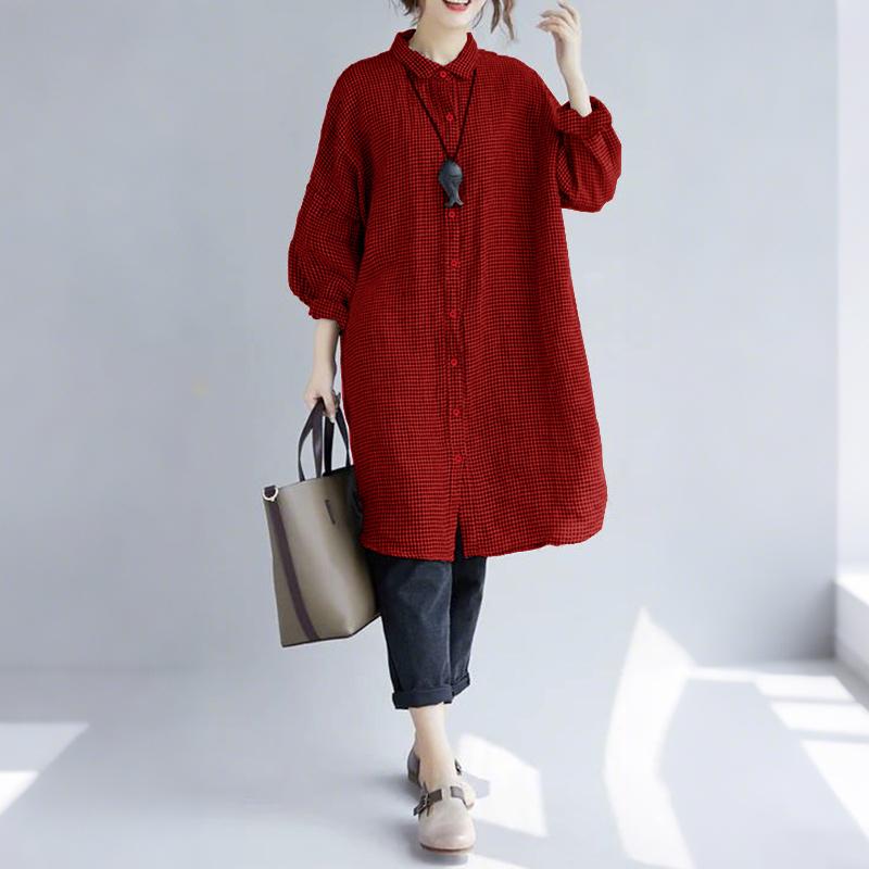 ZANZEA Women Grid Print Casual Turn Down Collar 3/4 Sleeve Blouse