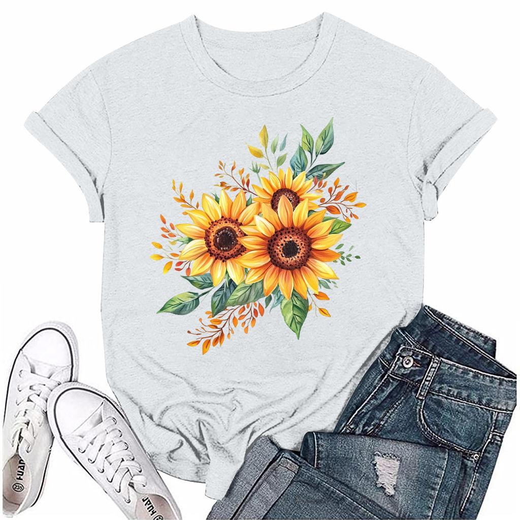 Women Fashion Printed Round Neck Short Sleeve T-Shirt Pullover Top