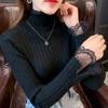 Autumn and Winter Slim Fit Half High Collar Patchwork Lace Long Sleeved Base Knit Sweater Top for Women