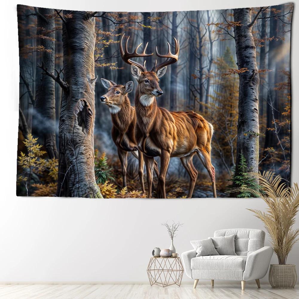 Vintage Elk Forest Tapestry Wall Hanging Hippie Bohemian Minimalist Art Landscape Dormitory Living Room Home Decor