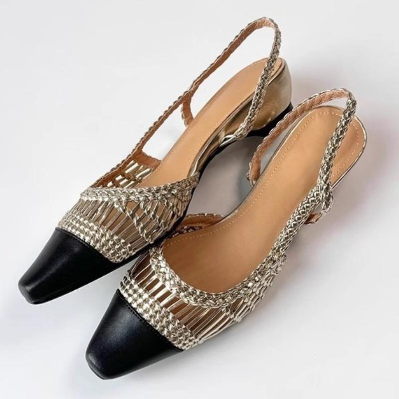 

Fashion Fashion Hollow Weave Mid-heel Pumps Women Elegant Square Toe Back Strap Designer Shoes Comfort Breathable Commuting Office Shoes 35 золотой