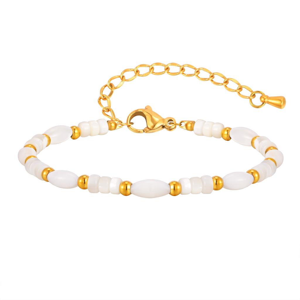 Women's White Shell Beaded Bracelet,Gold Color Stainless Steel Bracelets,Waterproof Charm Jewelry Gift