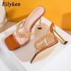Fashion Eilyken Summer Pumps Fashion Chain Women Slippers Sandals Thin High Heels Slip On Square Toe Mules Slides Ladies Shoes
