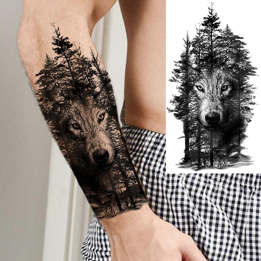1 Sheet Lion Wolf Skeleton Nun Tiger Black Temporary Tattoos For Men Adult Leg Arm Compass Flower Fake Tattoo Sticker Waterproof