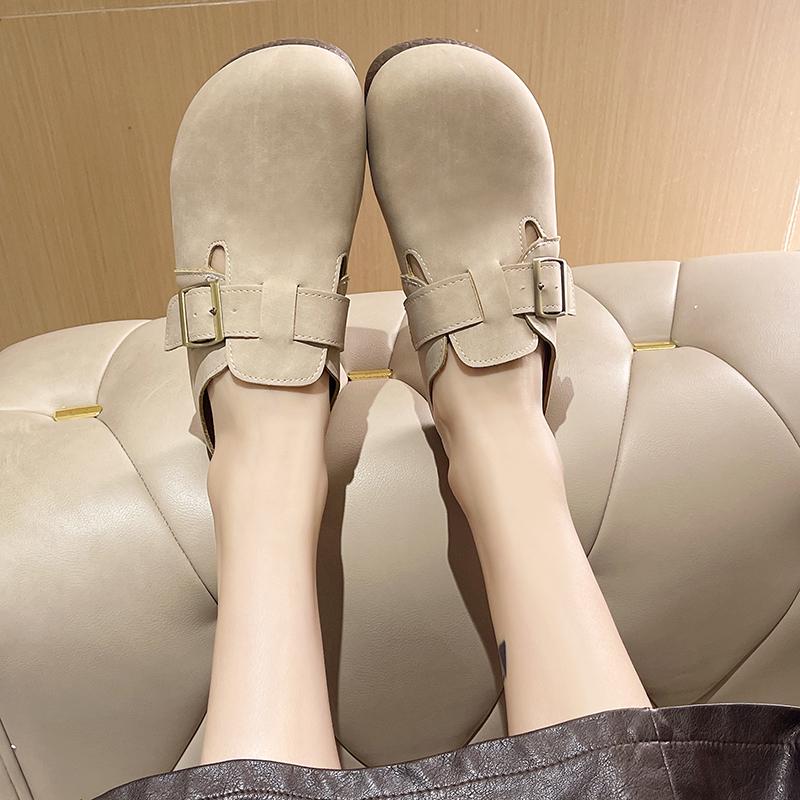 Fashion 2024 Summer New External Wearing Women's Baotou Large Size Half Slippers Matte Leather Solid Color Comfortable Single Shoes