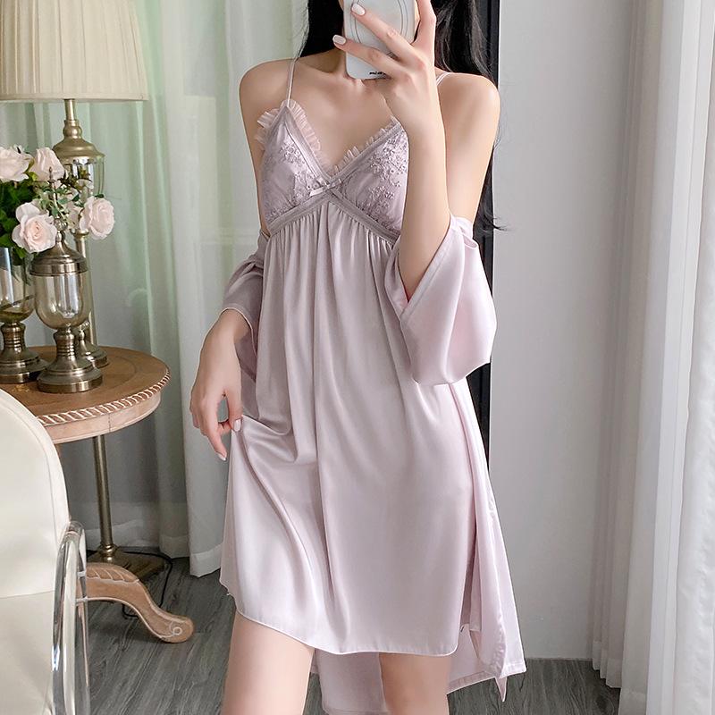 2025 Satin Spring/Autumn Pajamas: Sexy Women's Nightdress & Lace Homewear Set with Chest Pad In Ice Silk
