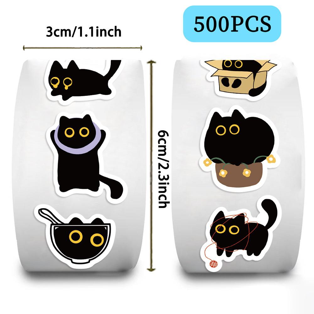 500 Pictures/roll Roll Sticker Tape Hot Spot Cartoon Little Black Cat Handbook Material Decorative Envelope Sticker