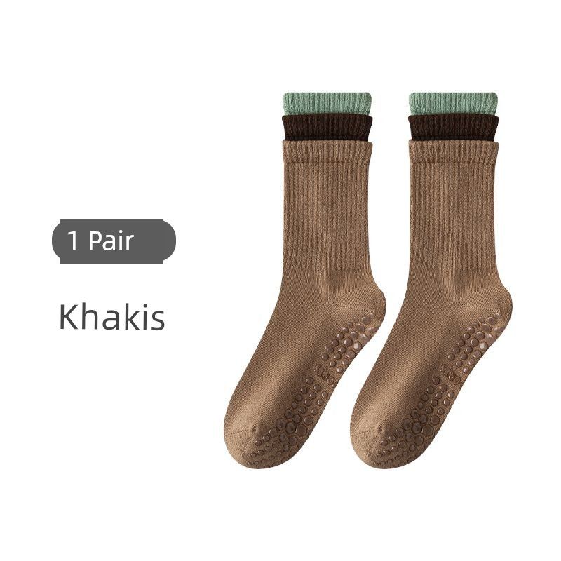 

Contrast Color Three-Mouth Yoga Socks for Women Spring and Summer Professional Non-Slip Indoor Pilates Tube Socks Sports Room Socks [Khakis] 1 pair