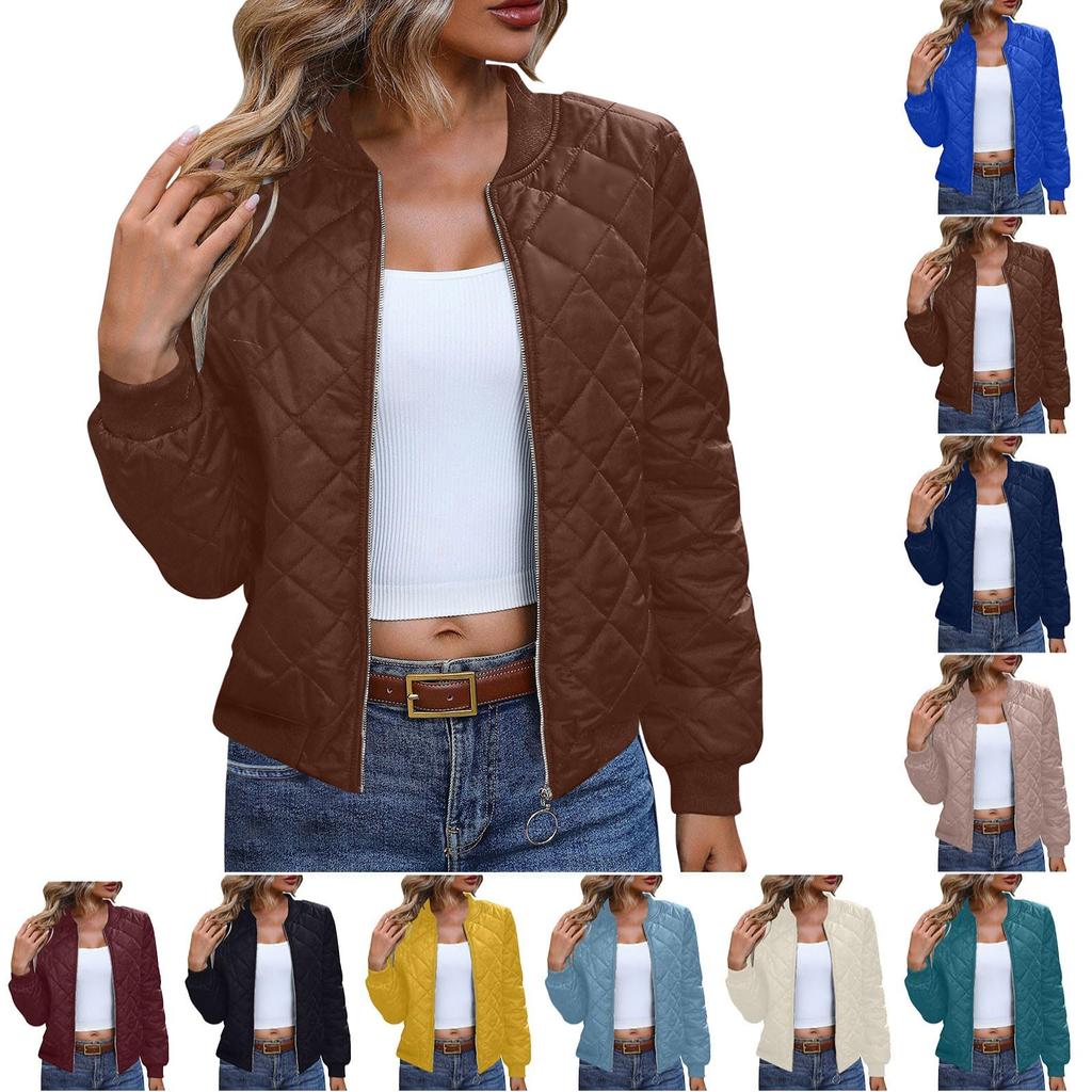 Ladies Zipper Long Sleeve Stand Collar Check Slim Baseball Padded Top Blouse Jacket Coat